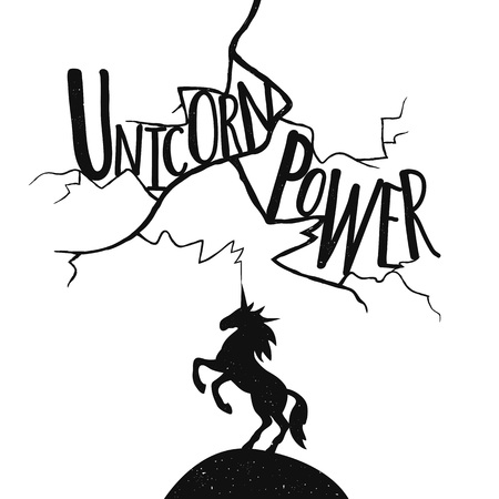 Vector illustration with lightning and the unicorn. Lettering Text - Unicorn Power. Typography poster with magic animalのイラスト素材