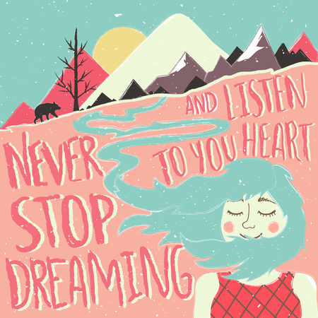Typography poster with quote, girl and landscapeのイラスト素材