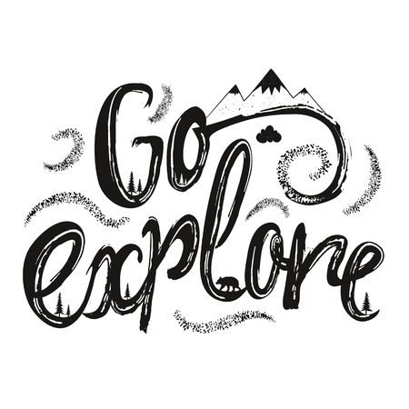 Mountains, pine trees, bear and clouds. Inspirational motivation vector illustration with animal and natureのイラスト素材