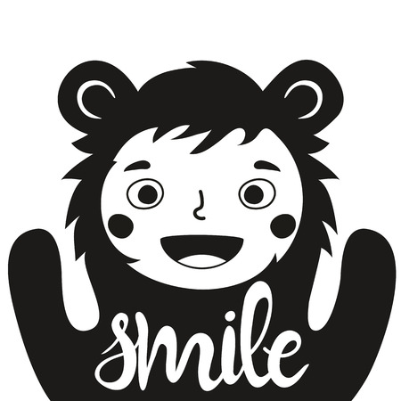 Funny monochrome vector illustration with cute child in bear costume and word - Smile. Childish typography poster with quote. Greeting card design, t-shirt print, children invitation templateのイラスト素材