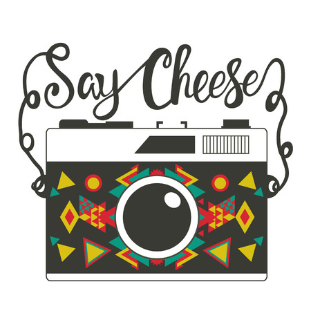 Vector illustration with retro photo camera and trendy lettering quote - Say Cheese. Hipster typography poster, print designのイラスト素材