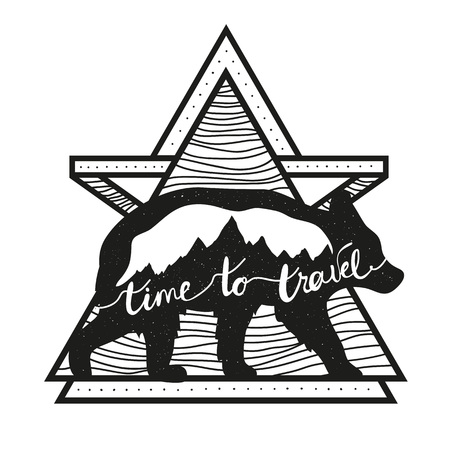 Vector illustration with bear silhouette, mountains and inspirational and motivational lettering quote - time to travel. Typography poster with wild animal and nature landscapeのイラスト素材