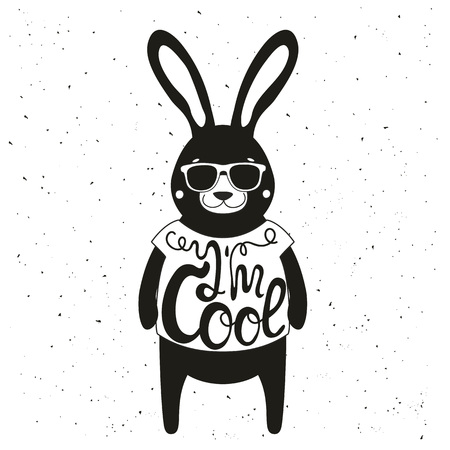 Vector illustration. Vintage typography poster with stylish rabbit in sunglasses. I'm cool lettering quote. Trendy hipster style greeting card design, t-shirt print, inspiration artのイラスト素材