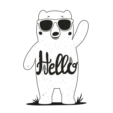 Vector illustration with funny bear in sunglasses. Lovely summer card with cute and stylish bear. Hello lettering. Greeting card design, vintage typography poster, print art with animalのイラスト素材