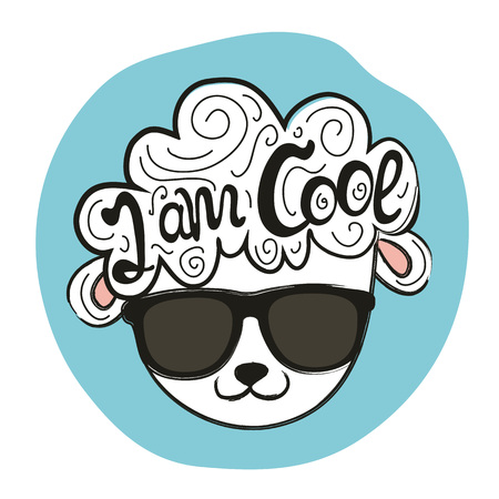 Vector illustration with stylish sheep head in sunglasses. I am cool quote. Inspiration typography poster with text, greeting card design, hand drawn style t-shirt printのイラスト素材