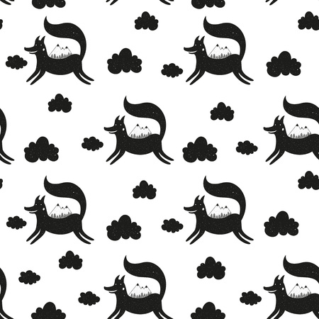 Vector illustration with cute cartoon seamless pattern. Running fox with mountains, pine trees and clouds. Black and white doodle style print design, childish ink background with animalのイラスト素材