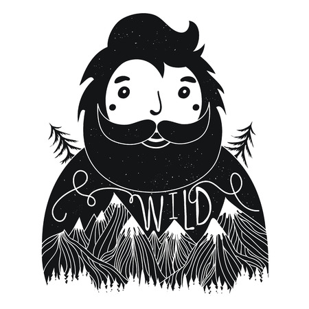 Vector hand drawn typography poster with bearded man and word Wild. Inspirational and motivational hipster style illustration with mountains and treesのイラスト素材