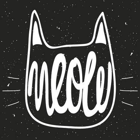 Vector illustration with grunge background and hand lettering - meow. Black and white art with cat's head silhouette. Typography poster design, cute card, home decorations, t-shirt design.のイラスト素材