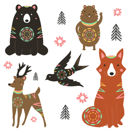 Vector illustration set with animals - bear, fox, deer, hamster, swallow. Tribal forest collectionのイラスト素材