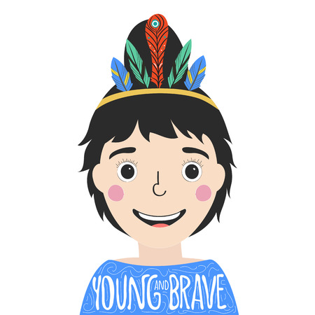 Vector illustration with smiling girl with feathers in the hair. Young and Brave lettering quote. Inspiration childish poster, print design, greeting cardのイラスト素材