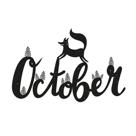 Vector illustration with wild animal and lettering word - october. Pine trees, cute jumping fox, vintage texture. Autumn typography posterのイラスト素材