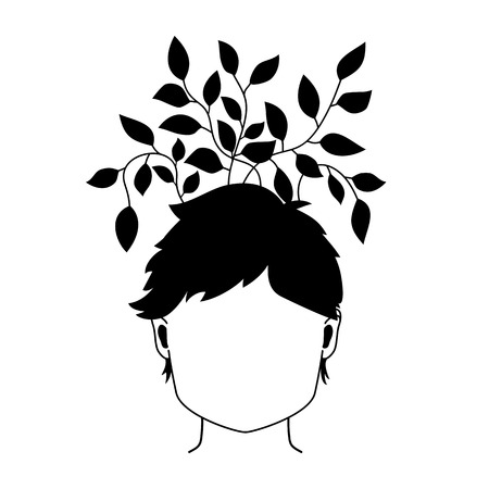 Vector black and white illustration with women head and plant with leaf growing from her hairのイラスト素材