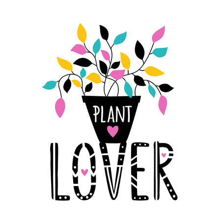 Vector illustration with lettering words- plant lover. Trendy colored print design, floral typography poster with textのイラスト素材