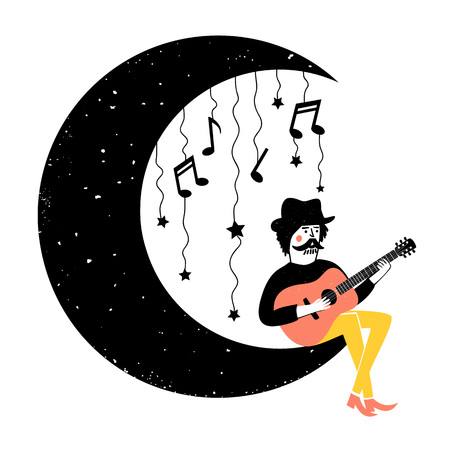 Colored print design with man, new moon and musical instrumentのイラスト素材