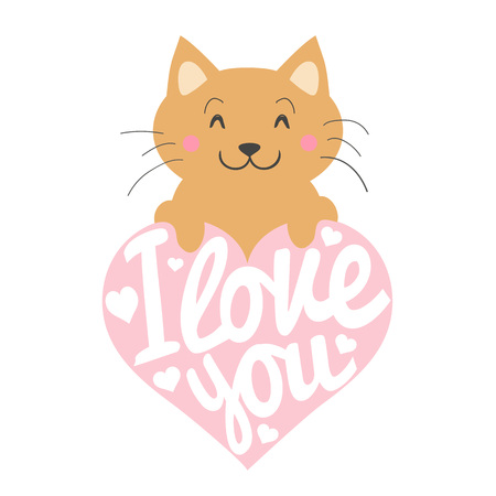 Vector illustration. Smiley cartoon cat with pink heart - I love you. Perfect for greeting cardsのイラスト素材