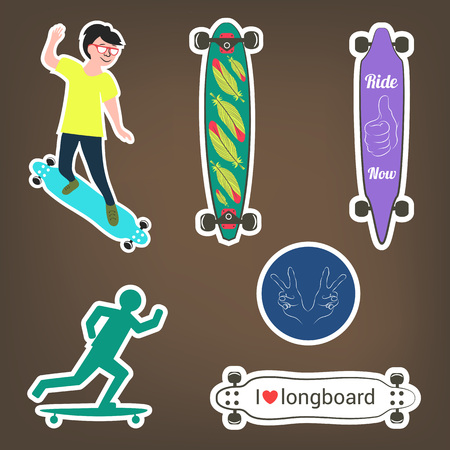 Vector set of stickers with longboards. Silhouette of man ride on longboard. Different shapes of decks. I love longboardのイラスト素材
