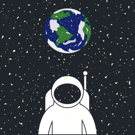 Vector illustration. Spaceman/astronaut in space with stars and Earth planet on the background