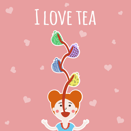 Cute vector illustration with ginger girl drinking tea, coffee or chocolate from several cups at the same time. I love teaのイラスト素材