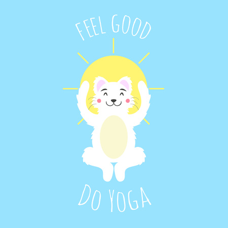 Vector meditation cat with big yellow sun. Feel good - do yoga. Motivational healthcare posterのイラスト素材