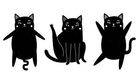 Vector illustration with black cats. Cute monochrome animal collection with vintage textureのイラスト素材