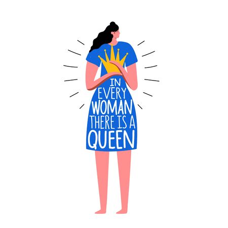 Vector illustration with long hair girl in blue dress with yellow crown in hands. In every woman there is a queen lettering phrase. Colored typography poster with female inspirational quote.のイラスト素材