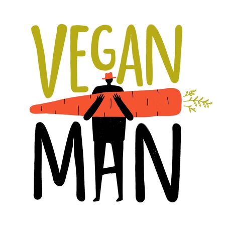 Vector illustration with man holding orange carrot. Vegan Man lettering words. Funny colored typography poster, vegetarian apparel print designのイラスト素材