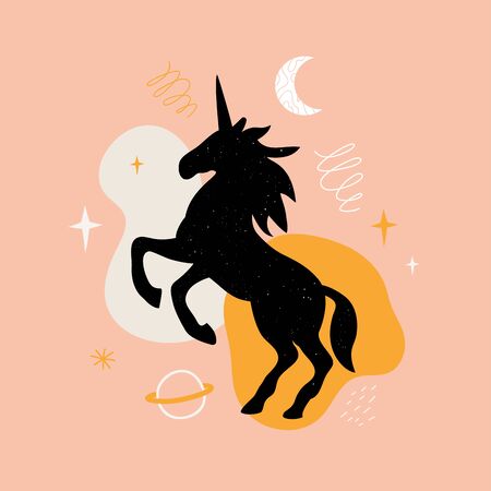 Unicorn silhouette with doodle elements. Trendy abstract print design, home decoration poster with magic animalのイラスト素材