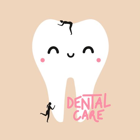 Vector illustration with cute smiling face white tooth and women silhouettes. Dental care lettering phrase. Colored healthcare typography poster. Flat style dental health and mouth hygiene conceptのイラスト素材