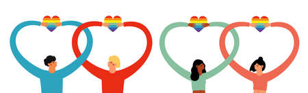 Non-traditional families and couples. Different people, couple holding rainbow hearts. Equality in rights vector illustration setのイラスト素材