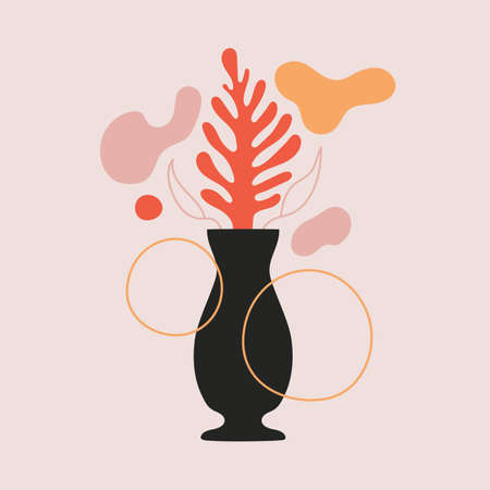 Absract vector vase with plant. Modern background, home decoration poster with colored pattern and doodle elements. Trendy print design with lines, dots and circlesのイラスト素材