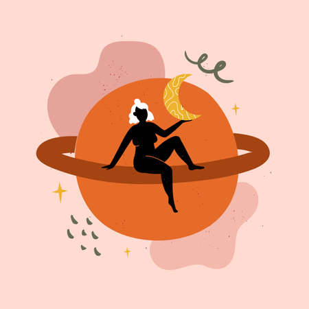 Vector illustration with woman sitting on saturn planet and holding yellow young moon. Trendy female abstract print design, decoration poster templateのイラスト素材