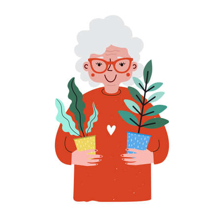 Cheerful old woman holding green plants. Flat vector illustration with smiling grandmother, garden hobby concept artのイラスト素材