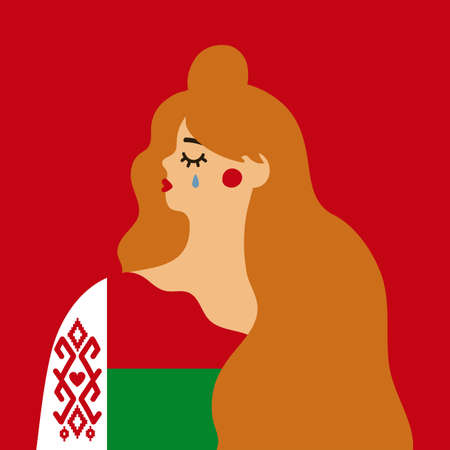 Vector illustration of crying long hair woman in clothes with an ornament of belarus flag. Belarus protest opposition, victims of violence concept artのイラスト素材