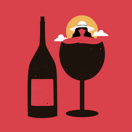 Abstract vector illustration with woman, wineglass and wine bottle. Trendy print design, bar wall decoration poster, vacation concept artのイラスト素材