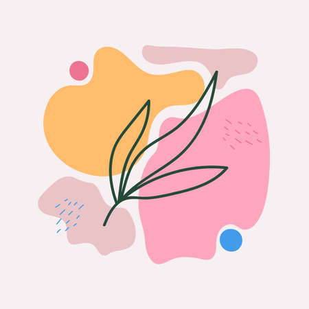 Absract vector background with floral twig with leaves. Trendy print design with lines, circles a splashesのイラスト素材