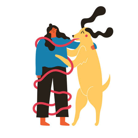 Vector illustration with long hair woman and cute long tongue dog. Cute and funny print design with girl and domestic animal dancing and hugging together. Trendy flat style apparel print designのイラスト素材