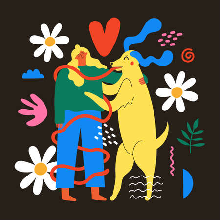 Vector illustration with long hair woman, doodle floral elements and cute long tongue dog. Cute and funny print design with girl and domestic animal dancing and hugging together. Trendy flat printのイラスト素材