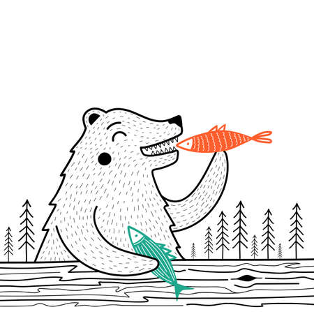 Vector illustration with bear eating fish. Concept of coronavirus people lifestyle, holiday celebration. Vector illustrationのイラスト素材