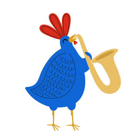 Vector illustration with chicken plays the saxophone. Colored music print design with animal and music instrumentのイラスト素材