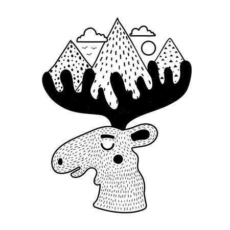 Vector illustration with black white moose head, mountains, clouds with sun and little birds. Trendy monochrome print design with animal and nature landscapeのイラスト素材