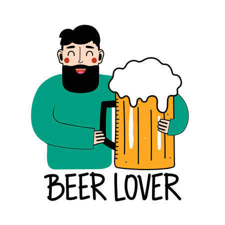 Funny bearded man with big glass of beer. Beer lover lettering phrase. Colored typography poster, flat style design for bar menu, trendy sticker template, apparel printのイラスト素材