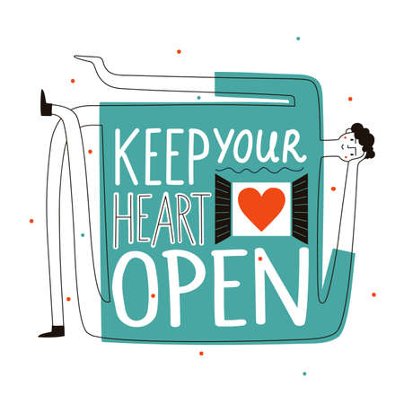 Vector illustration with man and lettering phrase. Keep your heart open. Colored typography poster, inspiring print designのイラスト素材