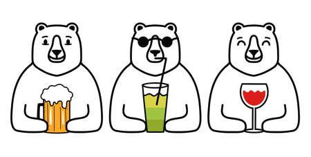 Vector illustration with bear animal set with drinks. Red wine, glass of bear and green cocktail. Funny apparel print, party template flyer design, wall decoration posterのイラスト素材