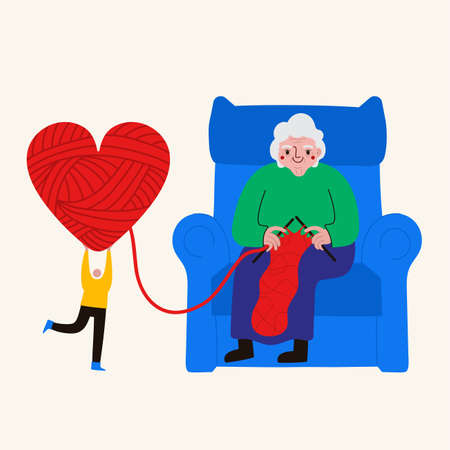 Vector illustration with elderly woman sitting on armchair and knitting scarf or jacket. Man holds ball of thread for her in shape of heart.のイラスト素材
