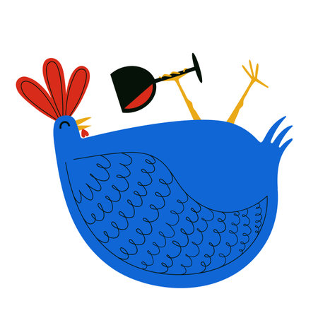 Vector illustration with chicken drinking red wine from black wineglass. Funny party template, print design with animalのイラスト素材