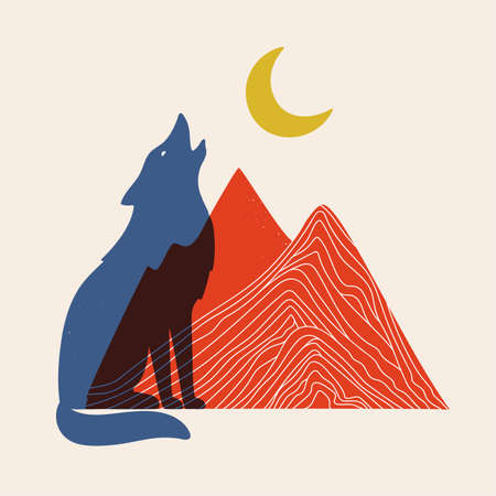 Vector illustration with red mountains, blue howling wolf and yellow moon. Trendy print design with wild animal, travel concept art, home decoration posterのイラスト素材