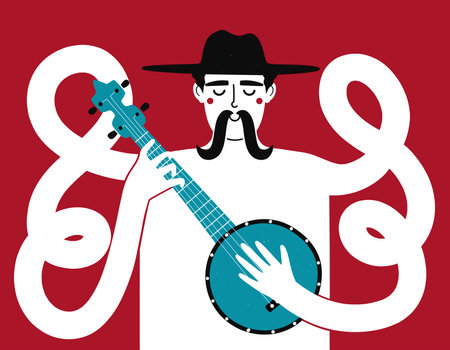 Vector illustration with long hands man playing blue banjo. Trendy music print design, concert or musical festival poster templateのイラスト素材