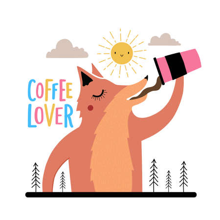 Vector illustration with fox drinking coffee, tea or hot chocolate. Doodle sun, clouds and pine trees background. Coffee lover lettering phrase. Trendy print design with wild forest animal and drinkのイラスト素材
