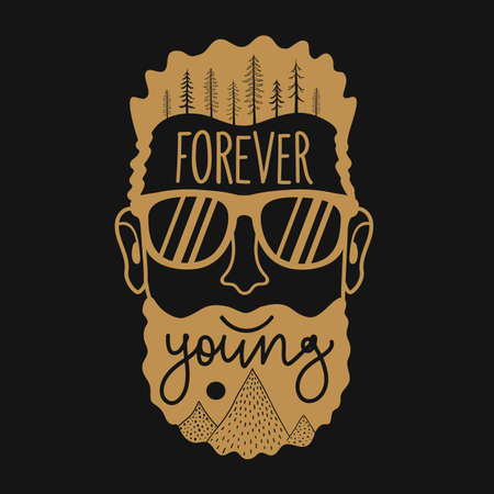 Vector illustration with bearded man in sunglasses, pine trees, doodle mountains and lettering phrase. Forever young handwritten text. Trendy print design, monochrome typography posterのイラスト素材