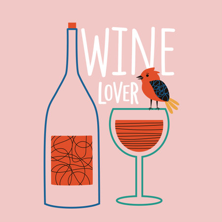 Vector illustration with wine bottle, green glass and bird. Wine lover lettering phrase. Funny colored typography posterのイラスト素材